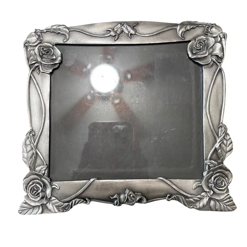 Vtg silver Mid‎ Century Modern 5x5.5 Picture Frame Ornate Etched filigree pewter